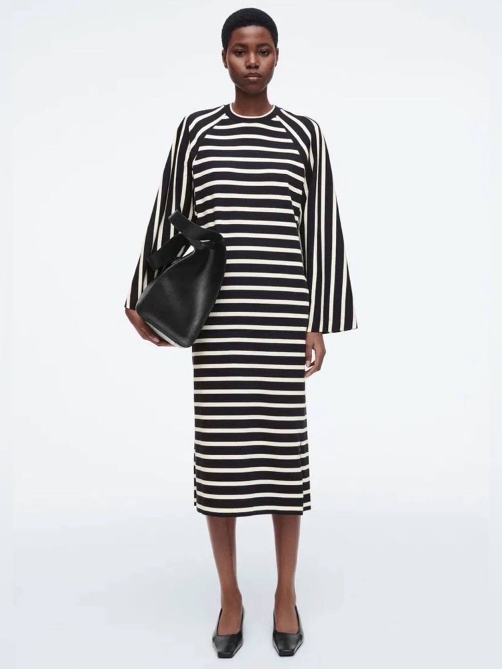 COS Midi Column Dress Black Ivory Striped Cotton Batwing Sleeve Size M